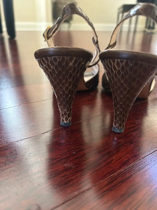 Salvatore Ferragamo Brown Snakeskin Peep-Toe Slingback Heels - Picture 4 of 9